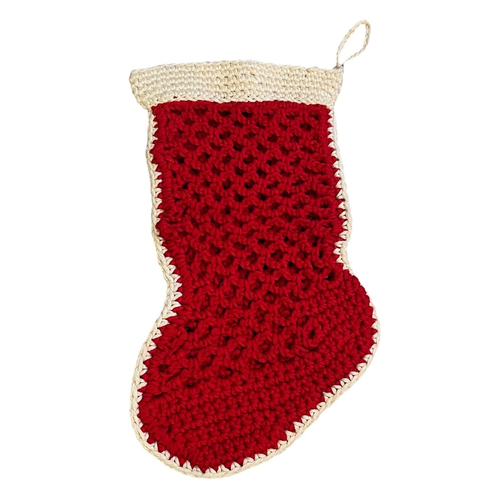 Vintage Christmas Crochet Stocking Handmade Holiday Red White Traditional